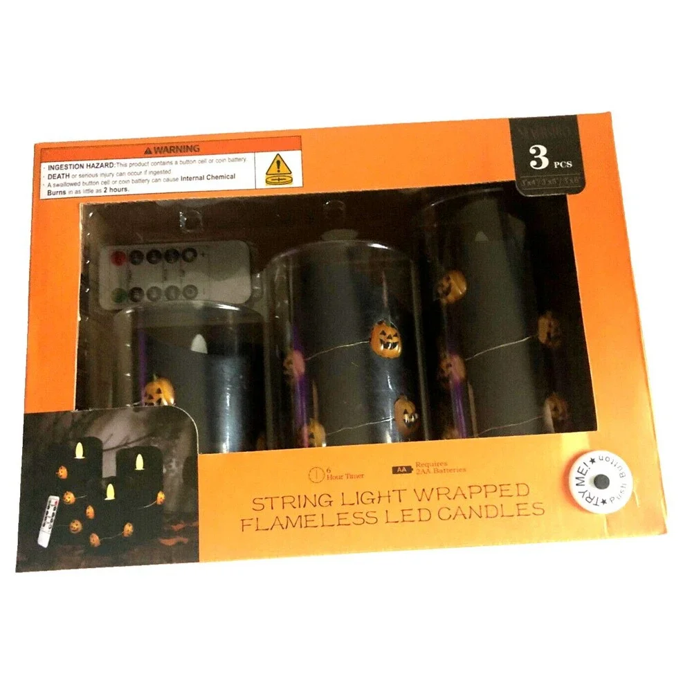 Halloween Flameless Candles Set of 3 Real Wax Remote Blinks Pumpkins Black